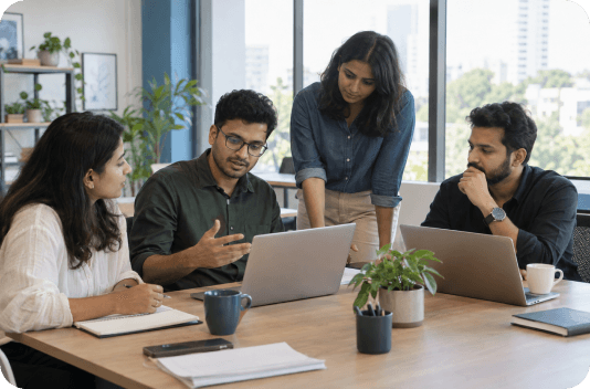 Team discussing growth strategy around a table with laptops